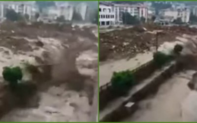 هذا الفيديو يظهر فيضاناً في مدينة بتركيا وليس لإنهيار سد